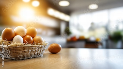 Farm fresh eggs in straw nest on modern kitchen table. Organic poultry products, natural food in urban home