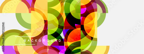 Abstract colorful geometric shapes overlap creating vibrant background. Circles, squares, triangles form modern design. Bright hues dominate composition.