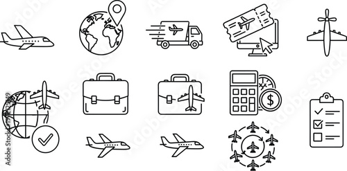 Air travel logistics line icons set, airplane delivery, global shipping, flight ticket booking, cargo transport vector outline collection icons