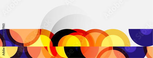 Abstract composition features overlapping colorful circles, creating dynamic visual effect. Soft gradient background enhances depth.