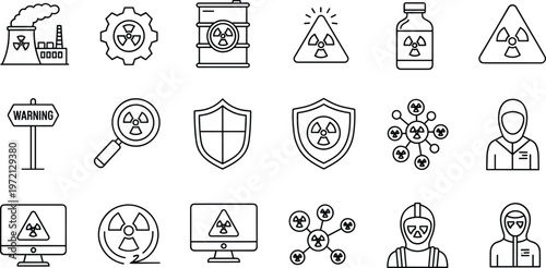 Nuclear radiation hazard icons set, radioactive warning protection line icon vector illustration safety symbol collection isolated on background