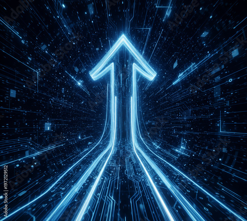 Dynamic digital arrow symbolizing rapid technological advancement and forward momentum in a futuristic network environment, illustrating data flow, progress, and innovation with glowing blue lines