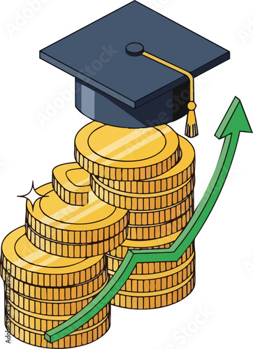 Financial Concept of University Tuition and Academic Success: Stacked Gold Coins with Graduation Cap and Green Growth Arrow