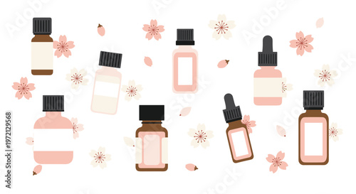 An assortment of diverse cosmetic vials and dropper bottles featuring black caps is scattered across a clean surface with numerous soft pink cherry blossoms.