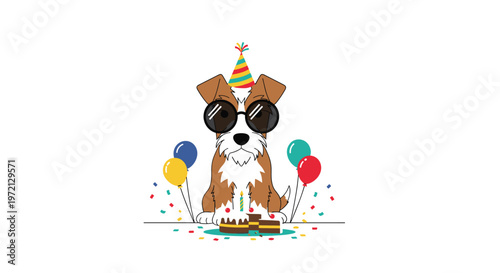 A festive brown and white terrier dog wearing stylish black sunglasses and a vibrant striped party hat sits behind a delicious chocolate birthday cake.