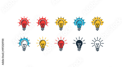 Ten distinct light bulb icons are arranged in two rows featuring various vibrant colors like red yellow and blue to indicate creative bright ideas on white.