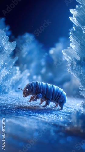 Extreme macro shot of a tardigrade walking on snow surface, giant snow crystals like mountains around it