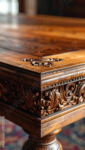A close-up of an intricately carved wooden table