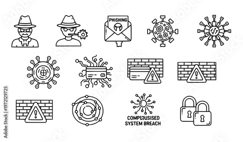 Detailed cyber robbery line icon set with hacker, phishing, malware, and data theft illustrations