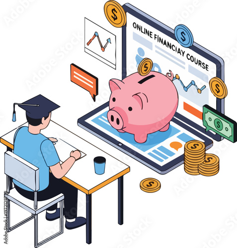 Isometric Illustration of a Student Taking an Online Financial Course for Money Management and Investment Education