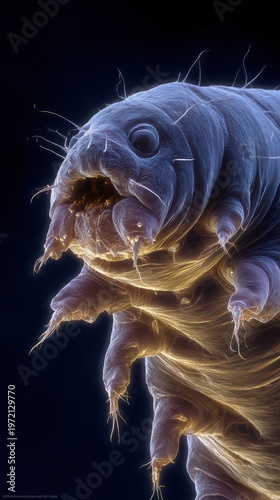 Extreme scientific macro photograph of a real tardigrade under microscope, accurate anatomical mouth structure