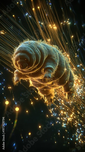 Hyper detailed tardigrade floating in a radioactive environment, glowing radiation particles surrounding it