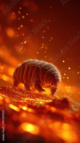 Macro cinematic shot of a tardigrade surviving near molten lava, heat waves distorting the air, glowing orange environment, volcanic sparks flying