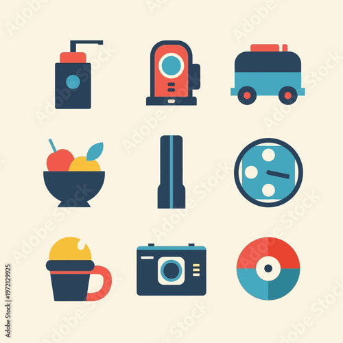 Collection of colorful icons for various everyday objects.