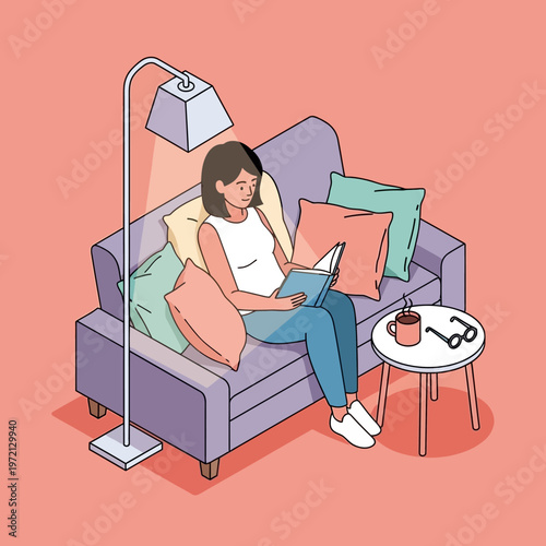 Woman relaxing on couch with laptop.