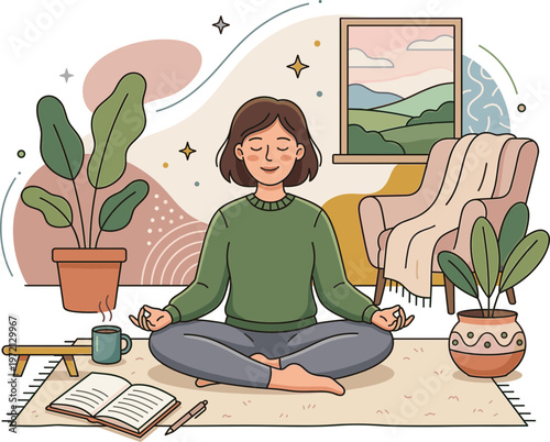 Woman meditates peacefully on a rug in a cozy living room with plants and a book