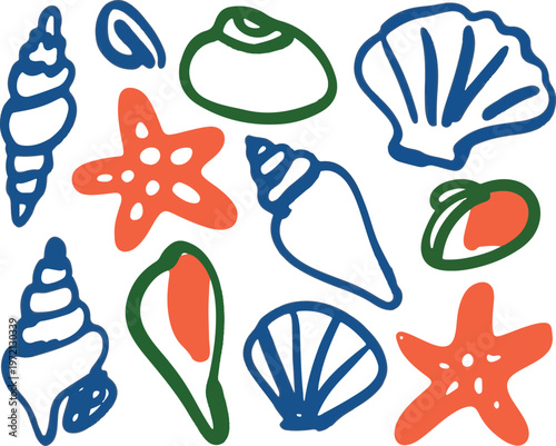 Minimalist blue and red seashell outline set with green accents on grid transparent background art.