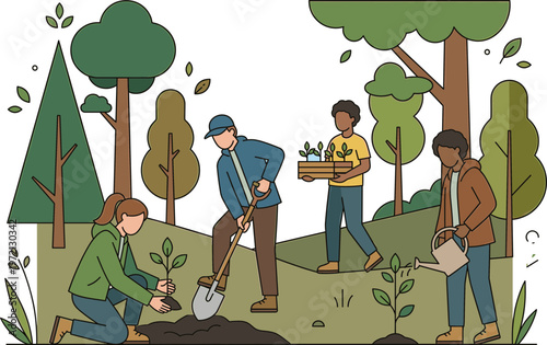 Volunteers planting trees and gardening in a park to promote environmental sustainability and conservation efforts