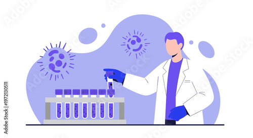 Scientist in lab coat conducts research with test tubes and virus particles illustration