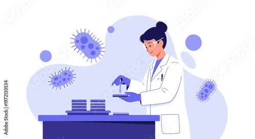 Scientist in Lab Coat Examining Microbes with Microscope, Bacteria Cells in Background