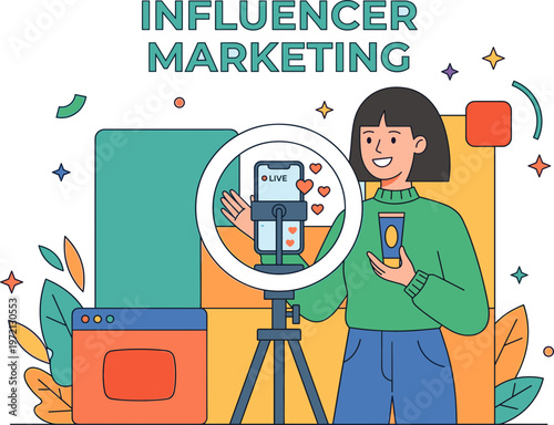 Young woman influencer live streaming product review content on her smartphone for social media marketing and digital promotion, engaging her online audience