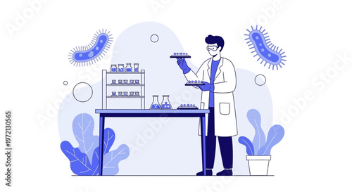 Scientist in lab coat examining petri dishes with bacteria, science research concept
