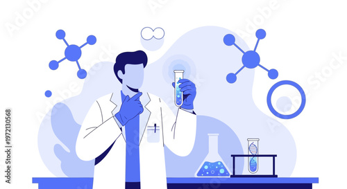 Scientist in Lab Coat Examining Test Tube with Molecular Structures in Background