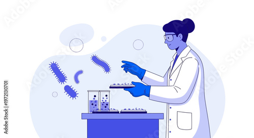 Scientist studying bacteria in petri dishes, microscopic organisms, laboratory research