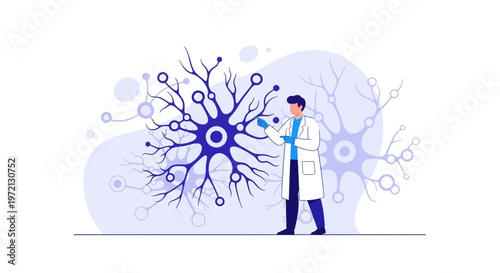 Scientist studying neural network and brain cells, neuroscience research, medical science concept
