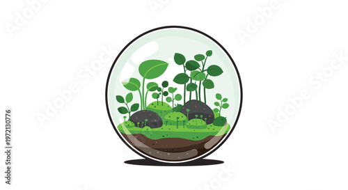 A lush and detailed spherical glass terrarium features vibrant mossy green hills, dark smooth stones, and a variety of sprouting leafy plants in a miniature ecosystem.