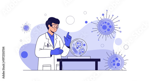 Scientist studying virus in petri dish, microscopic view, research and development concept