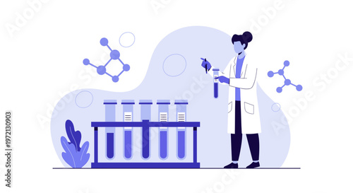 Scientist working in laboratory with test tubes and molecular structures, science research concept