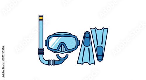 A complete set of professional snorkeling equipment including a mask, snorkel, and two flippers is depicted in various shades of blue with clean outlines.