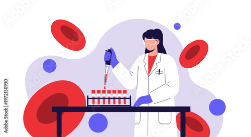 Scientist working with blood cells and test tubes in a laboratory, scientific research concept