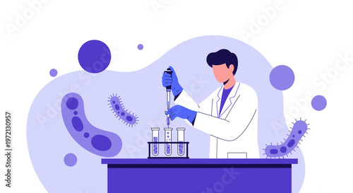Scientist working with test tubes and microbes in a laboratory, scientific research concept