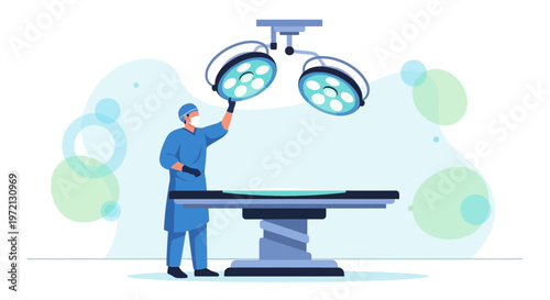 Surgeon Adjusting Operating Room Lights Above Table, Medical Procedure Preparation