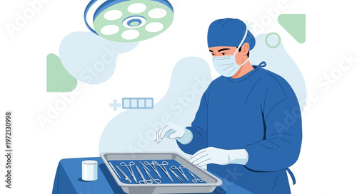 Surgeon in surgical attire preparing instruments for operation under surgical light