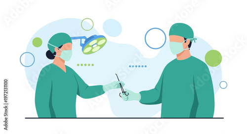 Surgeons in scrubs and masks passing surgical instruments under an operating lamp