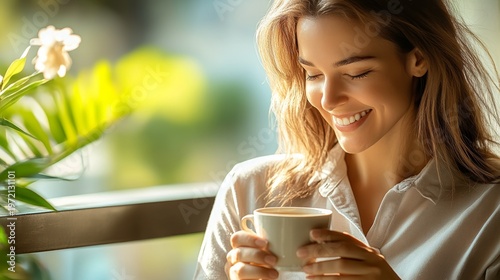 Woman drinking herbal tea outdoors, surrounded by green plants and nature. Healthy lifestyle, relaxation