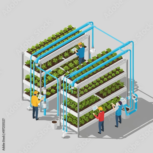 Isometric illustration of hydroponic farm workers tending plants in vertical farming system.