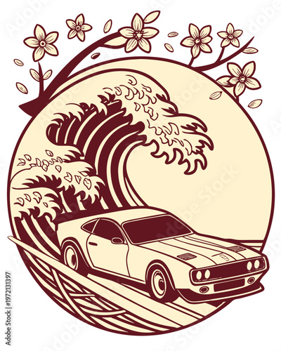 EPS Vector Illustration Japanese JDM Sports Car Great Wave Sakura Cherry Blossom Retro Line Art Minimalist Badge Graphic