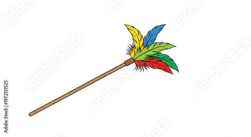Vibrant multi colored feather cat teaser toy featuring a long wooden wand designed for interactive pet play and exercise on a pristine clean white background.