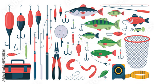 fishing gear assortment with colorful lures, floats, practical tools, landing net, organized tackle box, detailed setup for angling, outdoor hobby equipment, high resolution stock concept.