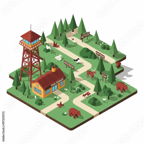Isometric illustration of a forest ranger station.