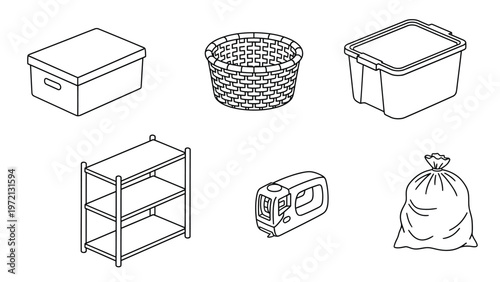 Isometric Line Art: Storage & Organization Essentials. Boxes, Basket, Shelf, Pet Carrier, Trash Bag for Home.