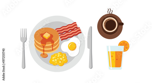 A complete breakfast plate with thick pancakes and maple syrup is served with savory bacon and fried eggs next to hot steaming coffee and fresh orange juice.