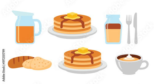 A delicious assortment of breakfast foods featuring fluffy pancakes topped with golden butter and syrup sits alongside fresh orange juice and a warm latte.