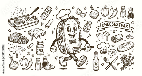 1930's Style Vintage Rubber Hose Style Philly Cheesesteak Character and Culinary Doodle Set