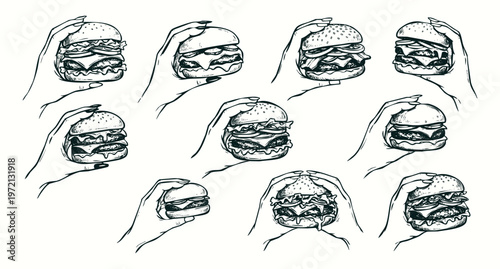 Vintage Hand Drawn Illustration Set of Hands Holding Various Burgers and Cheeseburgers