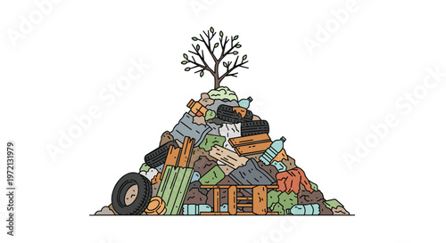 A diverse pile of industrial and household waste including old tires and plastic bottles supports a small resilient tree growing from the very top.